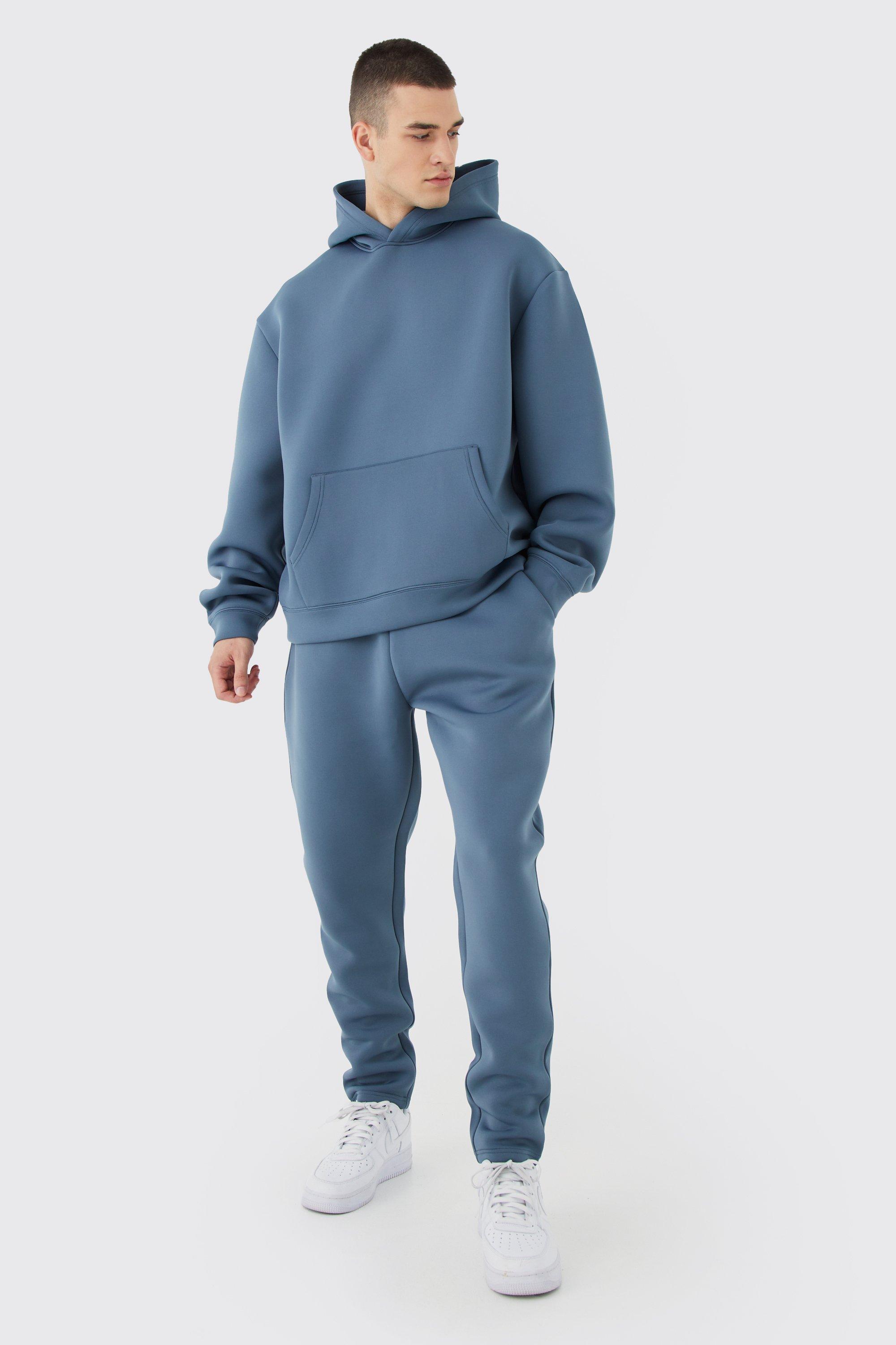 Mens Blue Tall Oversized Boxy Bonded Scuba Hooded Tracksuit, Blue